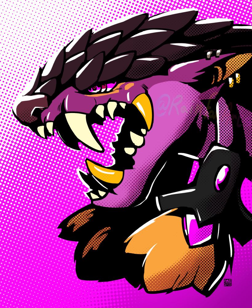 Digital art of a headshot of a pink Creatures of Sonaria Arsonos character, with vivid colors, halftones and black shading. It has its maw open menacingly. [Omen]