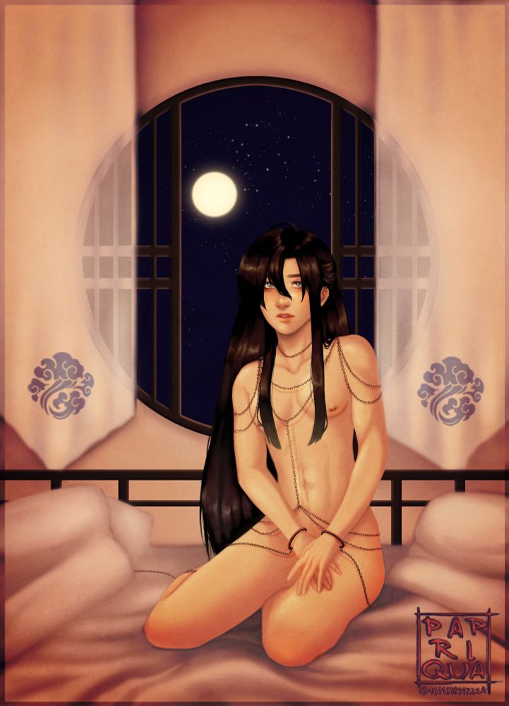 A drawing of yllz!wwx completely naked except for a body chain in a bedroom filled with Lan banners. He's looking fragile.