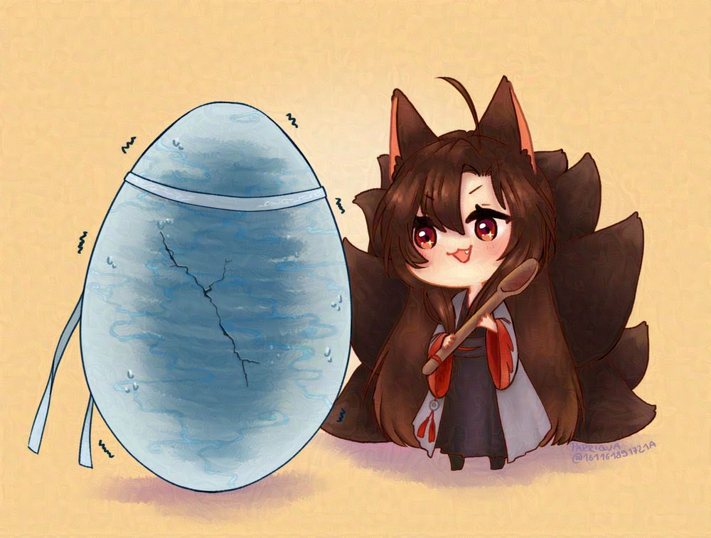 chibi foxxian holding a spoon while standing next to dragon eggji (who is very large and trying to hatch), clearly intending to eat him... 