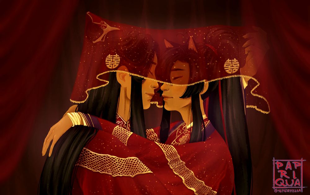 A drawing of Lan Wangji and Wei Wuxian smiling and facing each other. They're both clad in red wedding robes and are sharing a red veil. Wei Wuxian has his arms around Lan Wangji's neck, the Lan ribbon is wrapped around his wrist. Lan Wangji is about to take off their wedding veil.