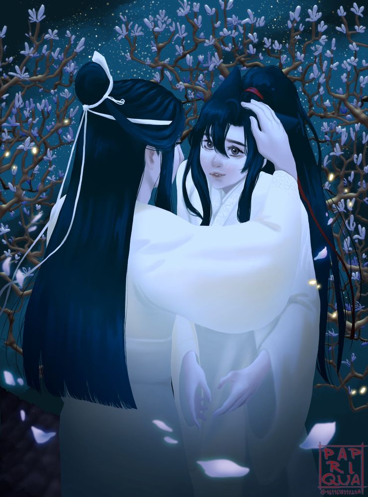 A drawing of Lan Wangji petting Wei Wuxian's head. The scene is set during nighttime. They are both wearing white robes. In the background is a magnolia tree and a few petals are blowing past the couple.