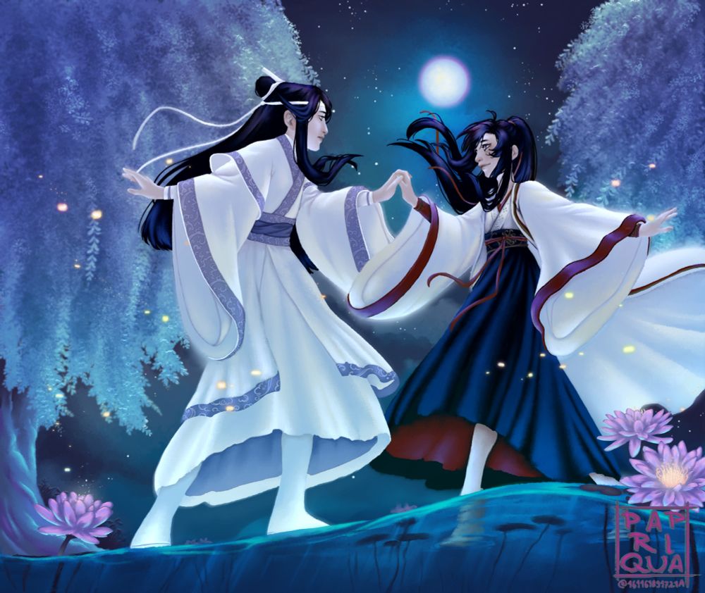 A drawing of wwx and lwj dancing on top of a lotus lake under a full moon. 