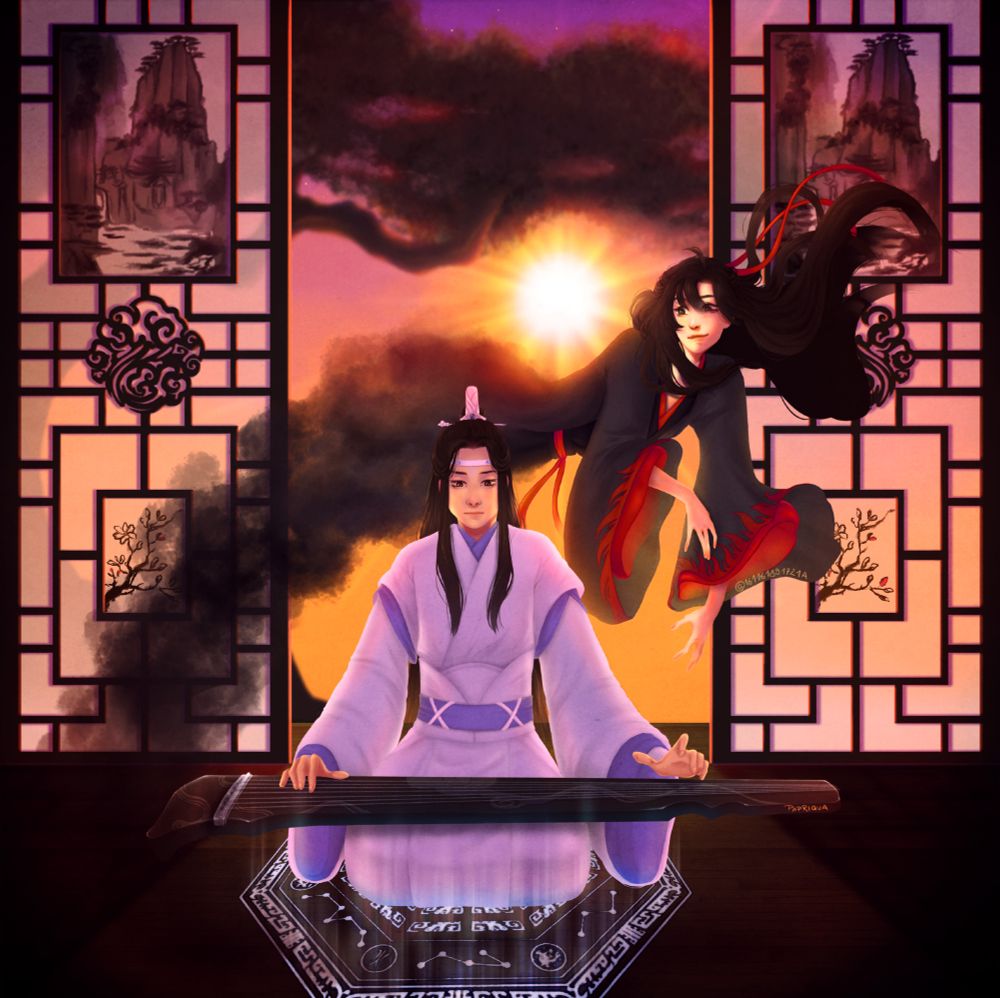 LWJ playing to guqin while ghost WWX swirls around him in front of the setting sun. 
