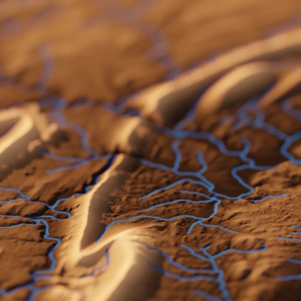 A rendered 3D image of topography and hydrography in Upper Juniata in Central Pennsylvania (HUC: 02050302) using a perspective viewpoint.