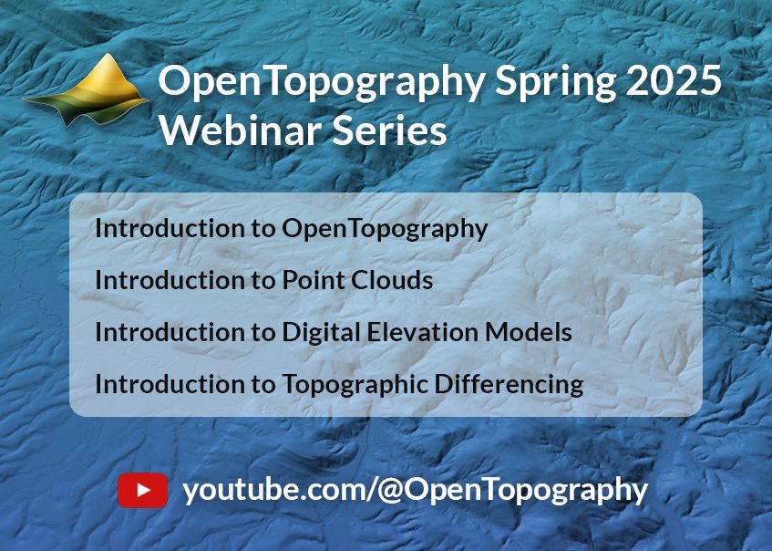 Graphic for the "OpenTopography Spring 2025 Webinar Series" featuring a shaded topographic map background. The series included four webinars. At the bottom, a red YouTube icon is followed by the URL: youtube.com/@OpenTopography.