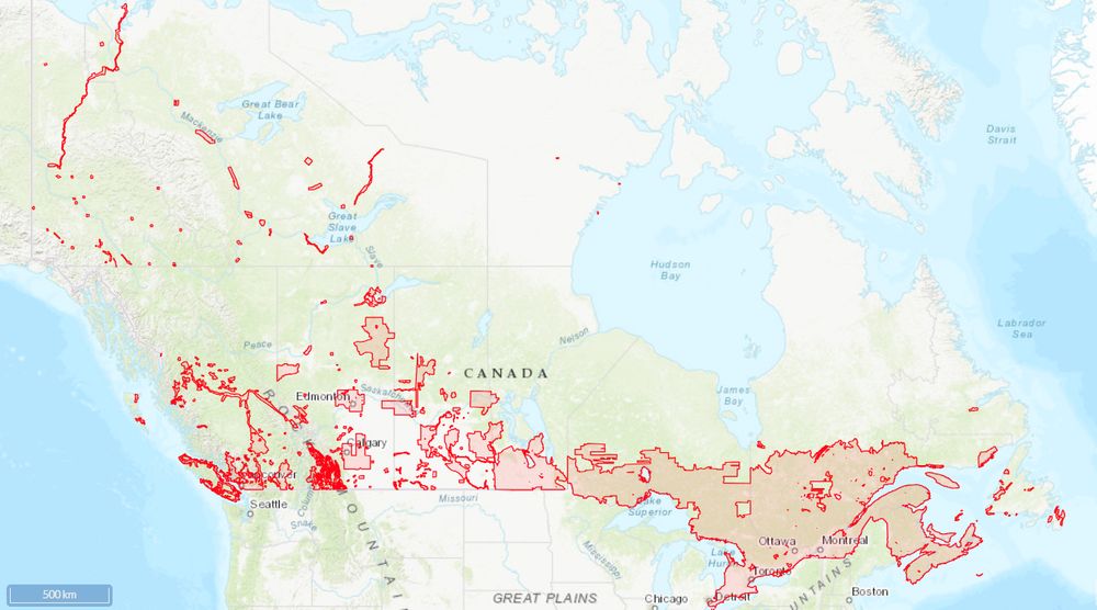 Map showing extent of data coverage, primarily over southern Canada