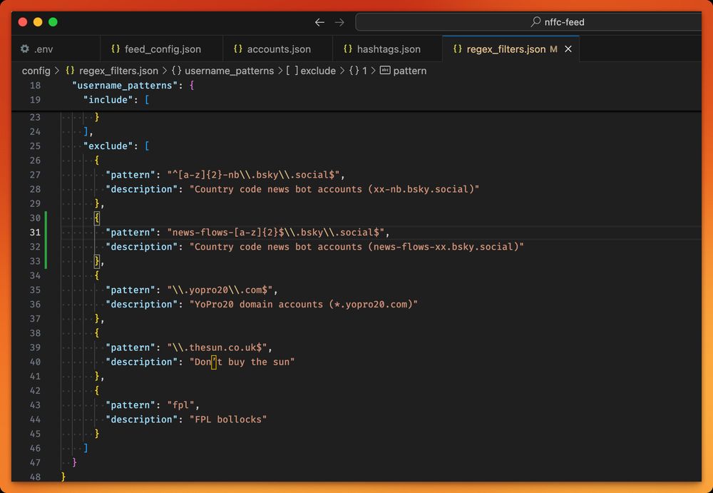 Screenshot of a yaml file containing regex filters for a bluesky feed. 