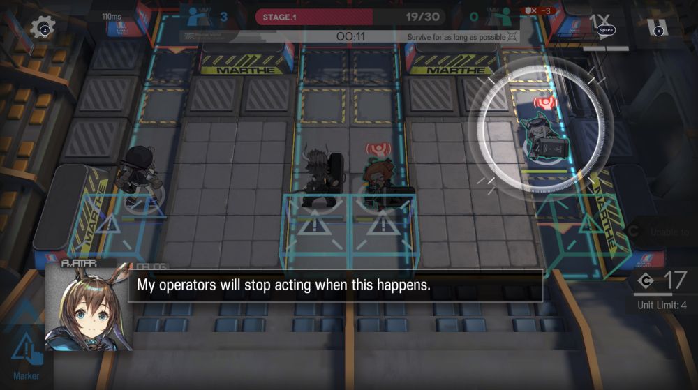 Screenshot of Tutorial Stage of icebreaker arknights event where Amiya takes over as your partner for the purpose of the tutorial, she showcases what happens when the partner leaks