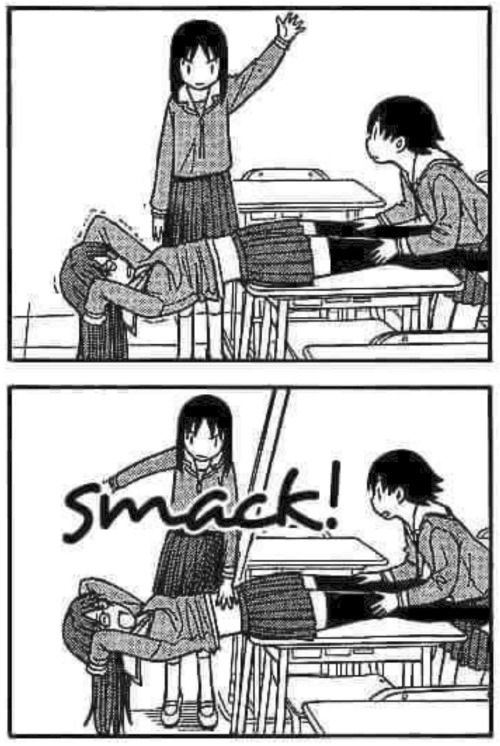 Two panel comic of characters from Azumanga Daioh, depicting a character first preparing then delivering a smack to the exposed stomach of their friend currently performing sit-up exercises in a classroom.