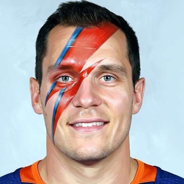 A head shot of Islanders forward Bo Horvat, but with the lightning bolt face paint from David Bowie's "Aladdin Sane" album cover superimposed over him.