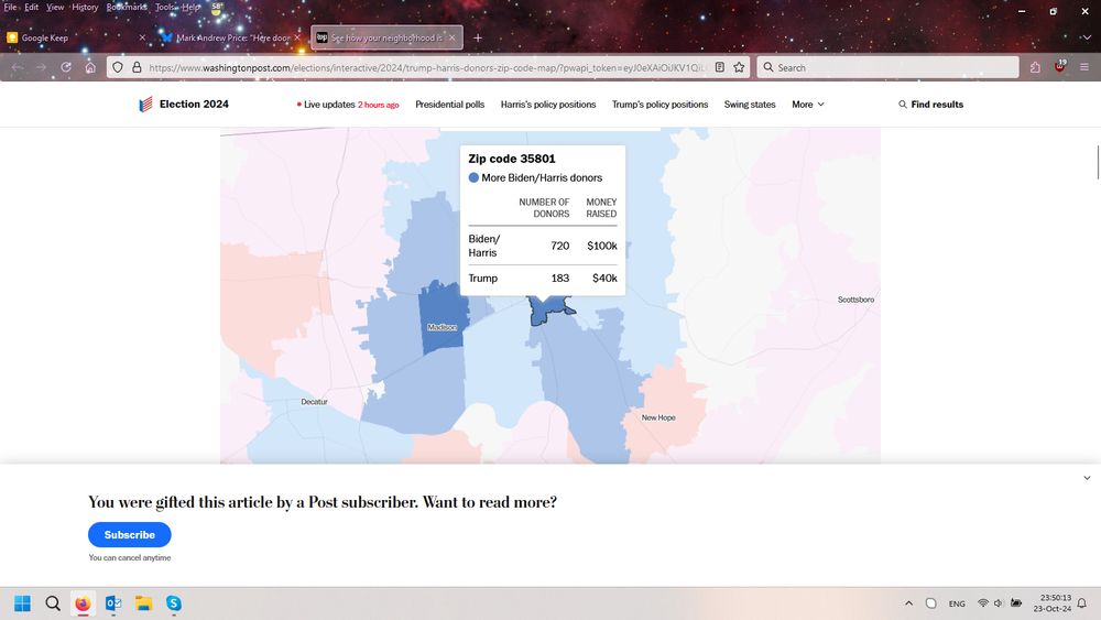 The zip code finder results for 35801, Huntsville AL, that shows 720 Biden/Harris donors gave $100,000 and 183 Trump donors gave $40,000