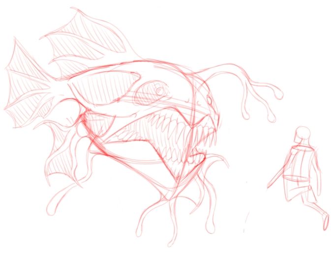 An angler which is much larger than a human-shaped figure. Its face also has skull-like qualities, and a 3-bulbed lure, though more stringy. Which is the same for its other fins. 