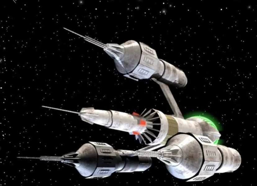 The Liberator from Blakes 7... presumably this bit is the front and the green glowy bit is the engines.
