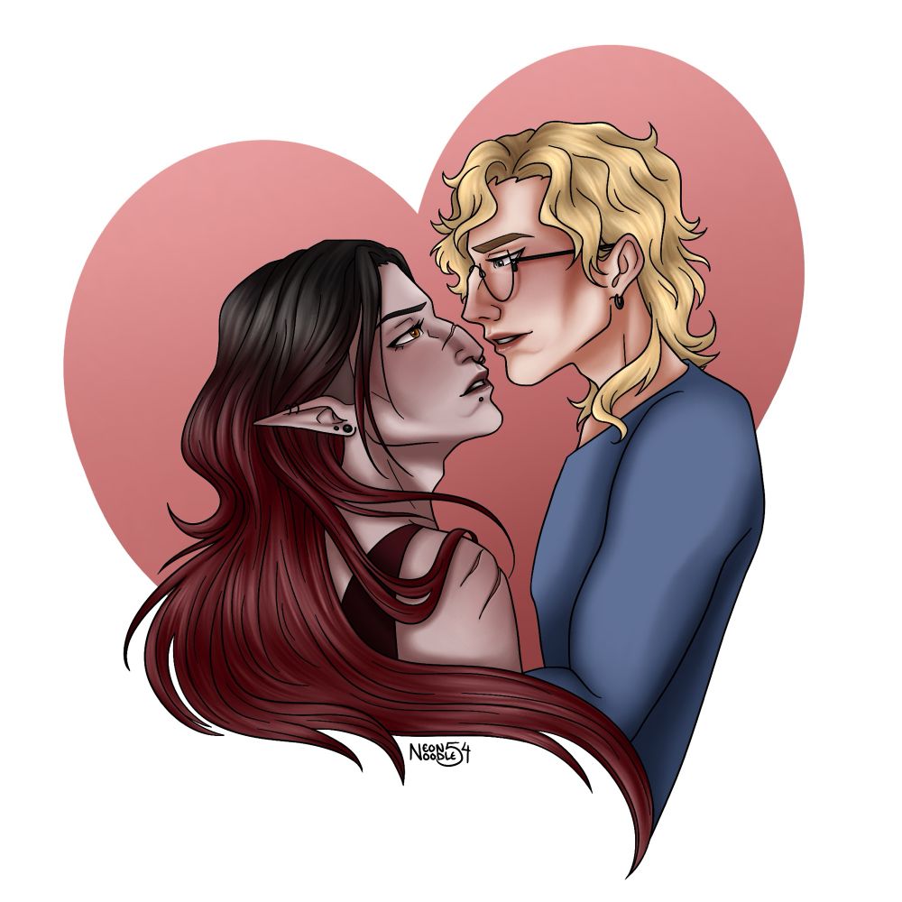 Quincy and Triston, original characters designed by Neon Noodle 54 drawn facing each other in a heart shape because they’re in love