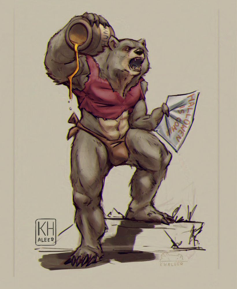 Weretober piece of a werebear, holding page with text saying "halloween is coming" in one hand, and almost empty jar with honey in another.