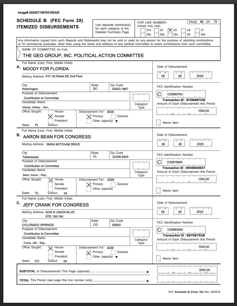 A filled-out FEC Schedule B (Form 3X) titled "Itemized Disbursements" from The GEO Group, Inc. Political Action Committee. The page shows three $1,000 campaign contributions made on June 26, 2025, to:

A) Moody for Florida (Ashley Moody, candidate for Florida Attorney General),
B) Aaron Bean for Congress (Aaron Bean, House candidate for Florida's 4th District), and
C) Jeff Crank for Congress (Jeff Crank, House candidate for Colorado's 5th District).

Each entry includes the recipient's name, address, FEC ID, transaction ID, office sought, election year (2026), and designation for the primary election. The total disbursements listed on the page amount to $3,000.