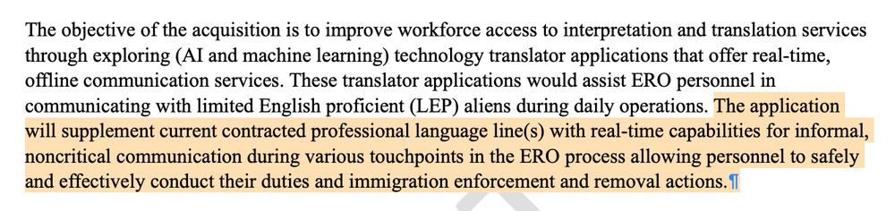 Screenshot from the ICE RFI for mobile translation app. A highlighted portion reads "The application will supplement current contracted professional language line(s) with real-time capabilities for informal, noncritical communication during various touchpoints in the ERO process allowing personnel to safely and effectively conduct their duties and immigration enforcement and removal actions."