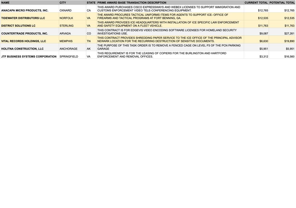 A table of ICE contract awards listing seven vendors, their cities, states, contract descriptions, and totals. Contracts include video conferencing licenses, tactical uniforms, fleet safety equipment, software licenses, shredding services, cage removal, and copier leasing. Dollar amounts range from about $3,300 to $12,800 in current totals, with some contracts showing higher potential totals.