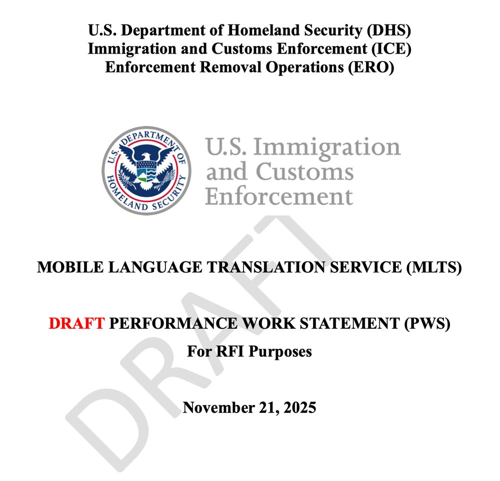 Screenshot of the cover page of a draft performance work statement for mobile language translation service for ICE, dated Nov. 21, 2025
