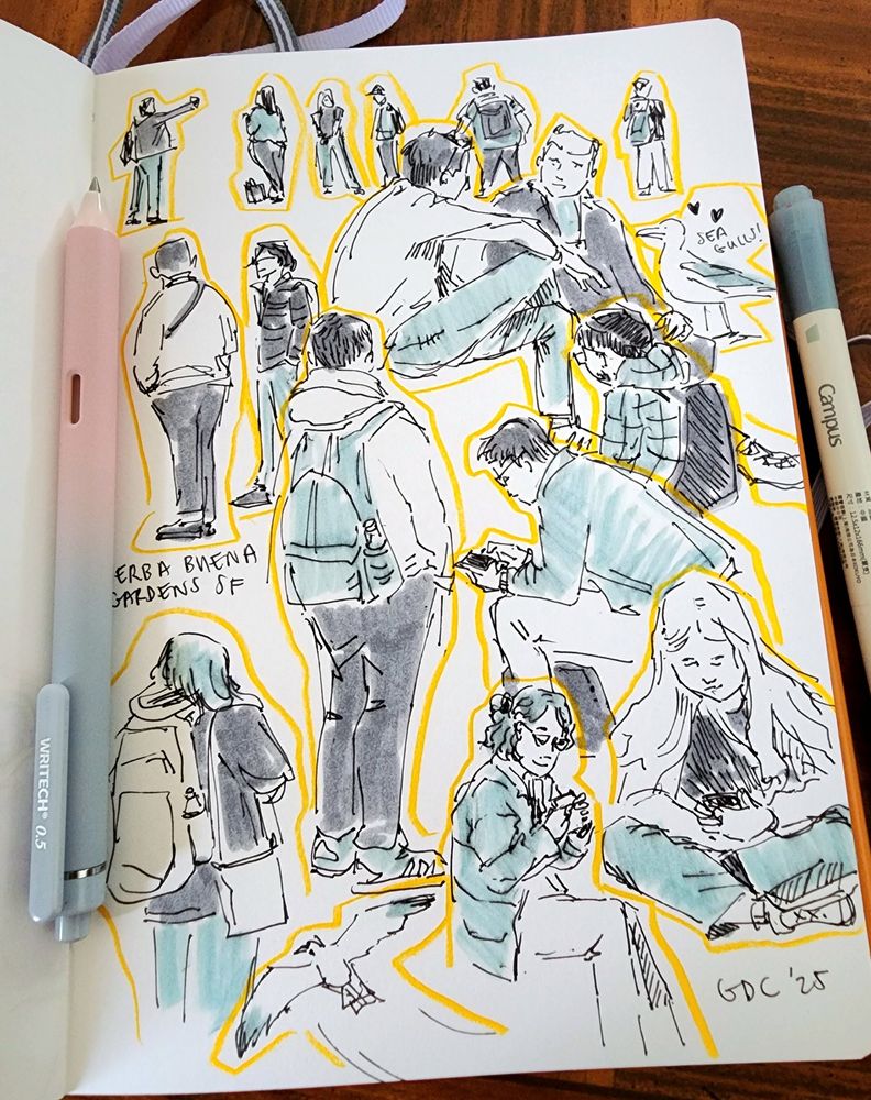candid sketches in black pen and color markers of people relaxing in different standing or seated poses