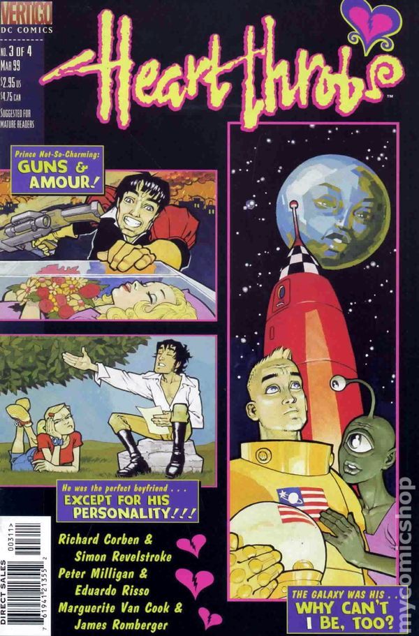 Cover of issue 3 of a comic called Heart Throbs depicting a human astrobaut and an alien in front of a space ship, a man with a gun clutching at a glass coffin with a woman inside, and an 18th century man reciting poetry to a woman in contemporary dress.