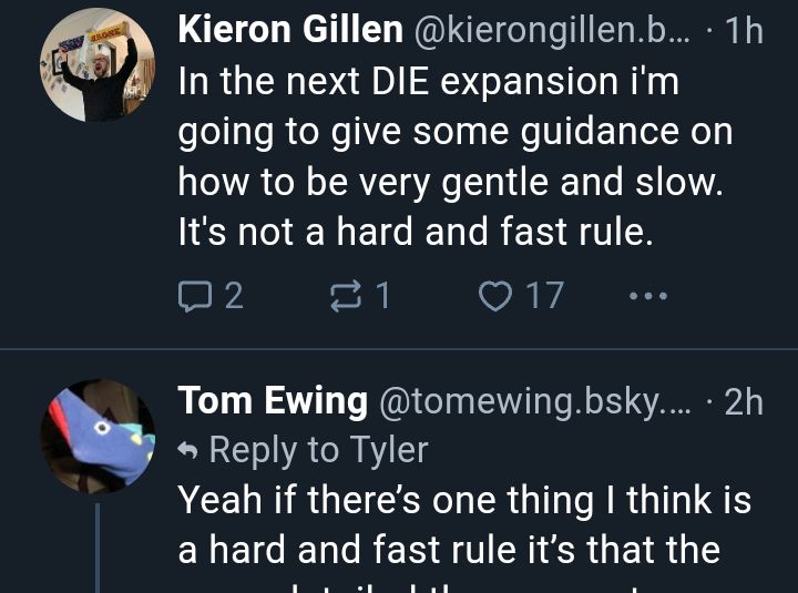 Skeets from Kieron and Tom's accounts which both independently used the phrase Hard and fast rule, which showed up in my timeline next to each other as if in response