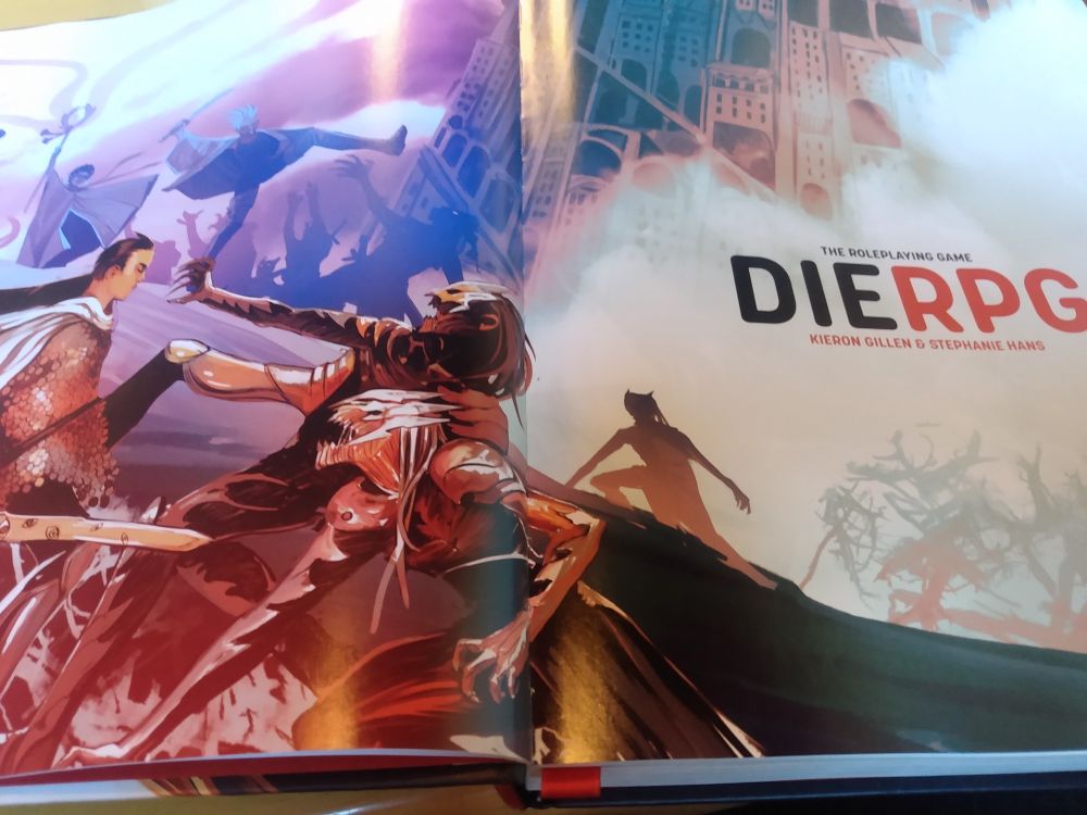 The title page spread of Die the Roleplaying Game, by Kieron Gillen and Stephanie Hans. To the left is a painting of fantasy adventure characters fighting zombies