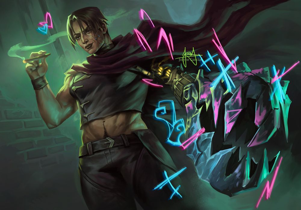 Sevika from arcane is posing in an alley, smoking, with the mechanical arm Jinx made for her pointing at the viewer. Scribbles of Jinx are seen atop the painting, making the arm smokin like Sevika, and some hearts are fluttering right besides her.