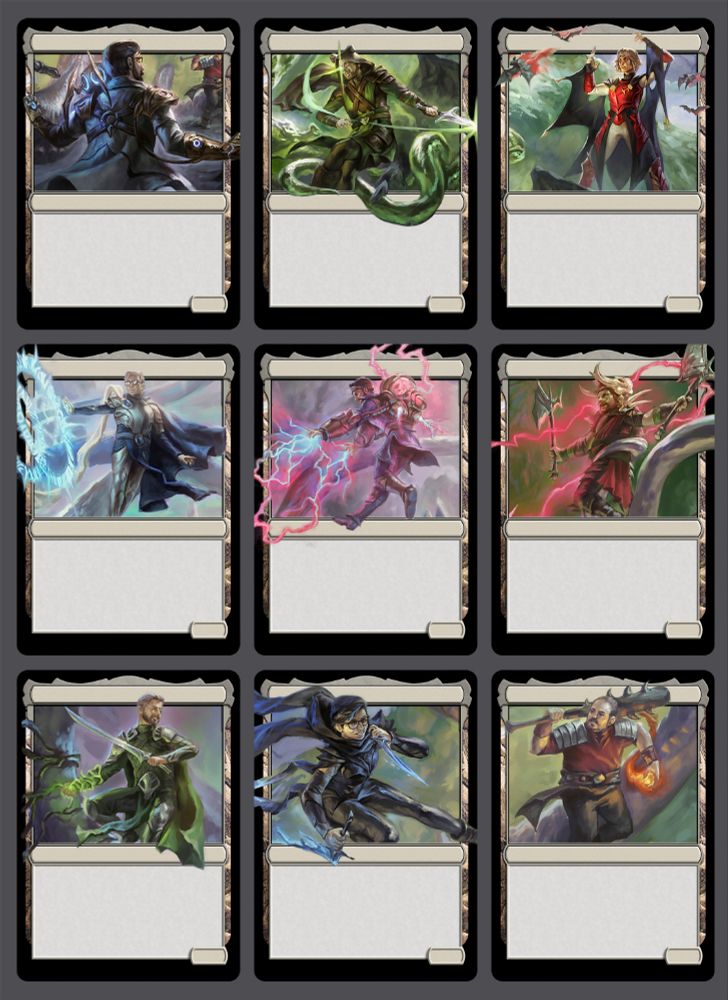 card illustrations of the Friday Nights cast as different MTG classic archetypes, they are popping out of the frame in various ways