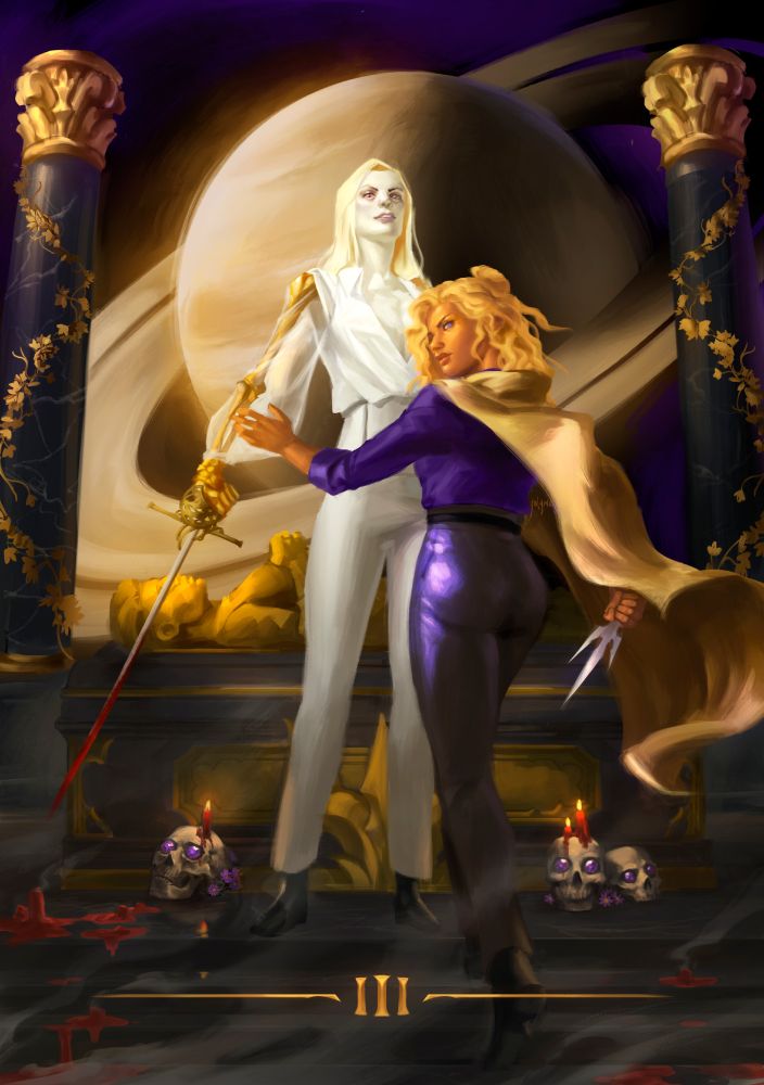 The princesses of Ida, Coronabeth and Ianthe Tridentarius, standing in front of their cavaliers coffin. In the background framing them are two black and gold columns with Saturn in the middle. They are wearing white, purple and golds.