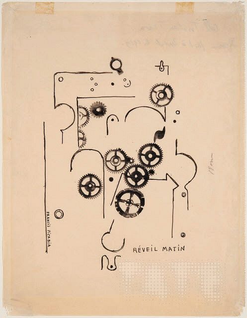 Picabia’s ink drawing Alarm Clock, 1919 (Tate), a spare drawing on cream paper of cogs and broken circuits 