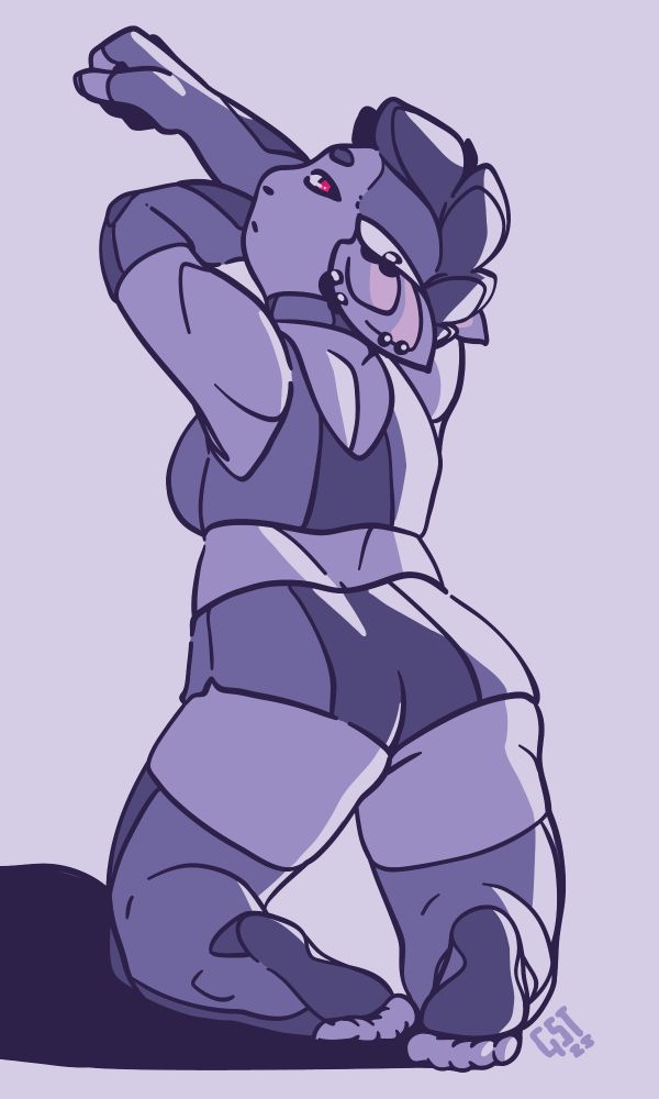 a muscular purple goblin in a sports-bra and shorts, stretching her back muscles. She looks over her shoulder at the viewer with a stern expression.