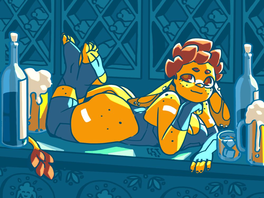 A yellow goblin with big floppy ears and a tail, lying on her belly across a bartop with her feet kicked up and her chin resting on one hand. She is dressed in a skimpy leotard and surrounded by wine bottles and beer pints.