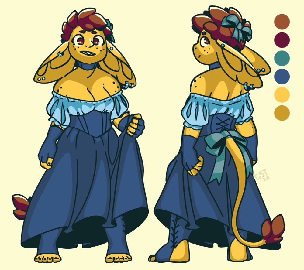 the same goblin in a blue dress and corset with a bow in her hair and at the base of her tail.