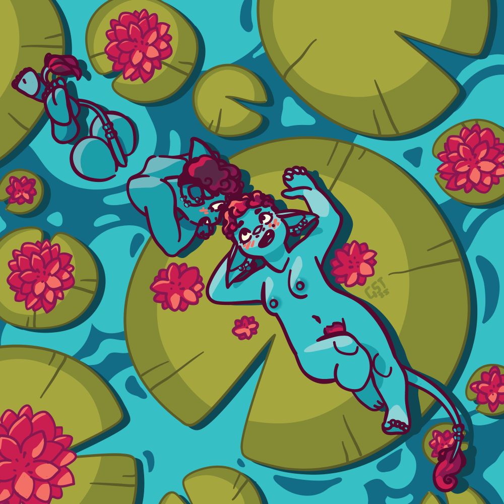 a blue-skinned goblin, with red hair, long ears and a tail. she lies on her back, naked on an enormous lilypad in a pond. she looks up at another goblin in the water. The second goblin is also naked, and parts of her form emerge from the water. More lilypads surround them covered with red flowers. 