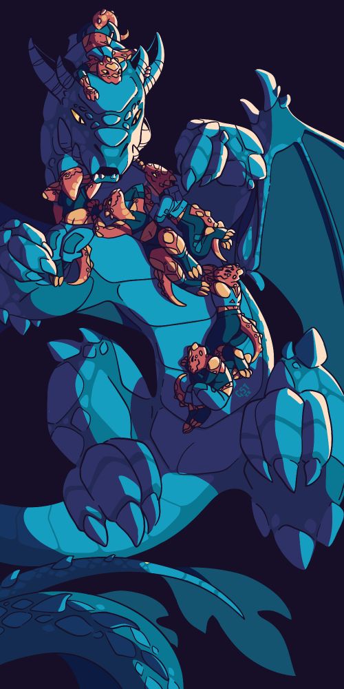 a blue dragon lying on its back, looking bemused as six copper kobolds are piled on its head, chest and belly, all sprawled out comfortably and cuddly. 