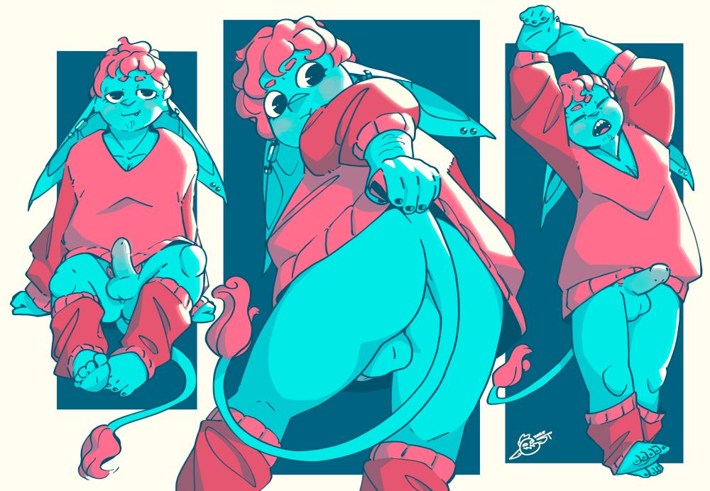 three drawings of a pink-haired goblin in an oversized sweater, leg-warmers, and nothing else.