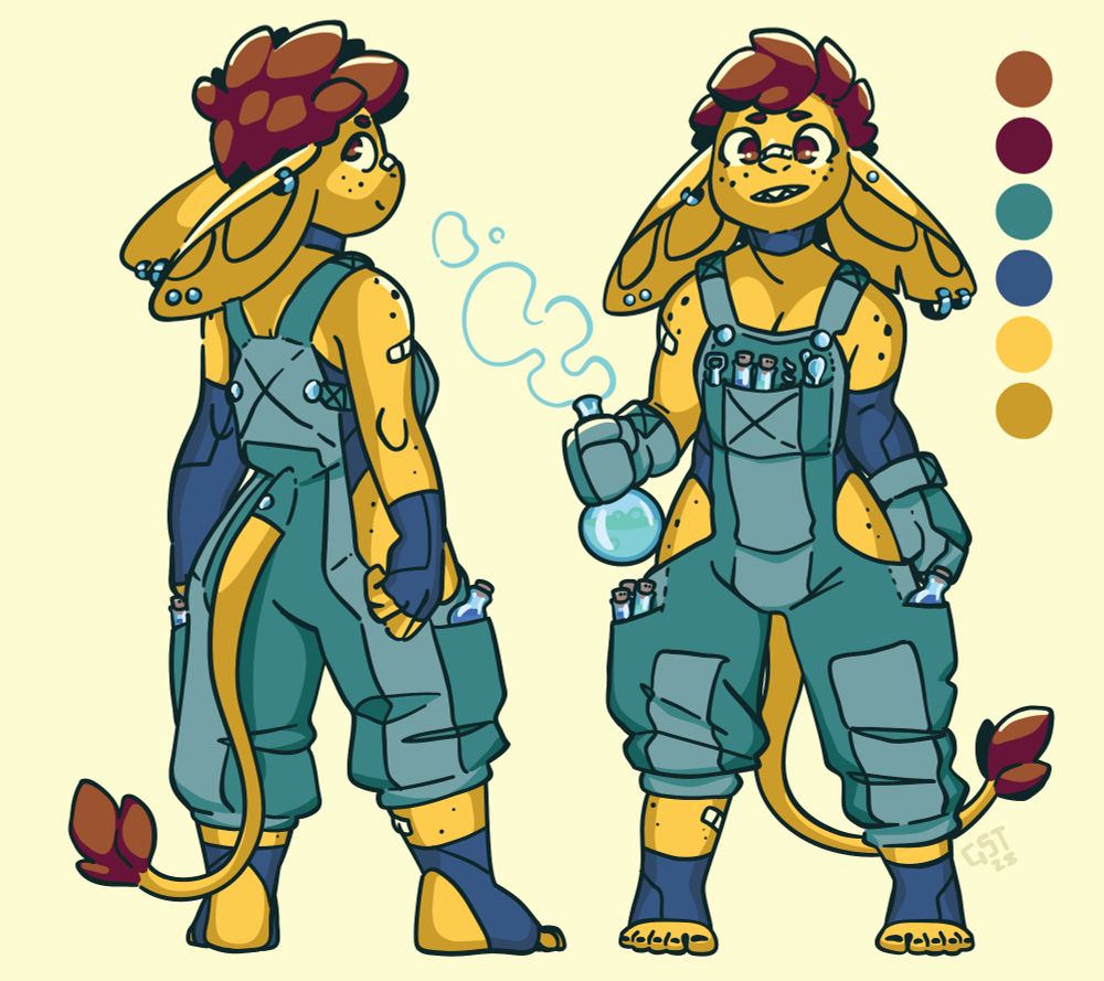 a character sheet with two angles a yellow goblin with a pixie haircut, big ears and a tail, in a pair of green overalls, holding a flask of steaming and bubbling liquid. She is covered in freckles, piercings, and bandages. 