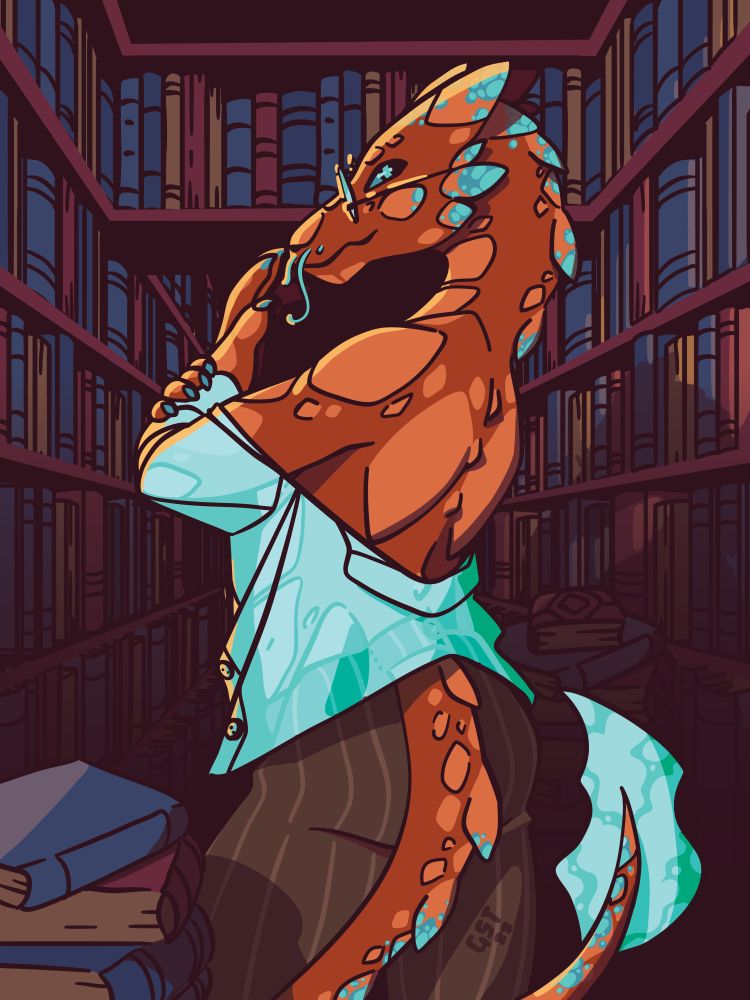 a copper dragonborn with glasses. He's standing in a library, his shirt pulled down exposing his back. He looks over his shoulder suggestively. 