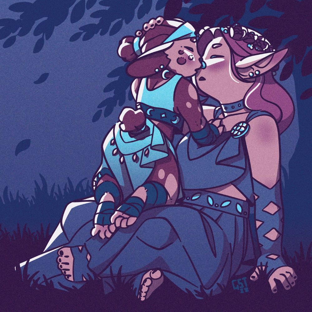 an illustration of a mouse-folk woman and elf woman kissing under a tree. 
