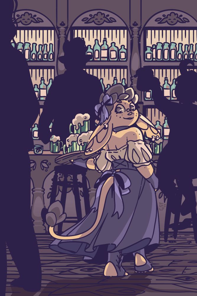 A yellow goblin in a dress carries a tray of beers through a crowded bar. She looks over her shoulder with a grin. There is a bow in her hair and another tied around the base of her tail.