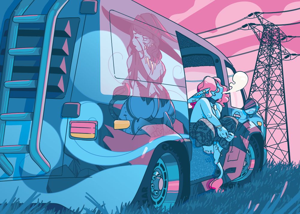 A topless goblin with blue skin, pink hair, and long ears covered with piercings sits in the open doorway of an 80's-style van, blowing out a puff of smoke into the air. Painted on the side of the van is a goblin in a large witch-hat kneeling on a rocky ledge, looking over her shoulder provocatively, naked all but a torn shirt. The rest of the van is painted with swirling clouds. The van is parked in long grass. Behind the van is a transmission tower, silhouetted in front of pink clouds from a sunset sky. 