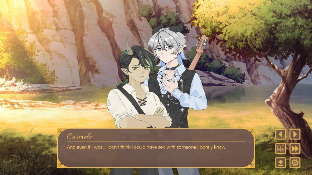 From my game Azure Flame: Carmelo coming out to his lover, Vance, as demisexual.