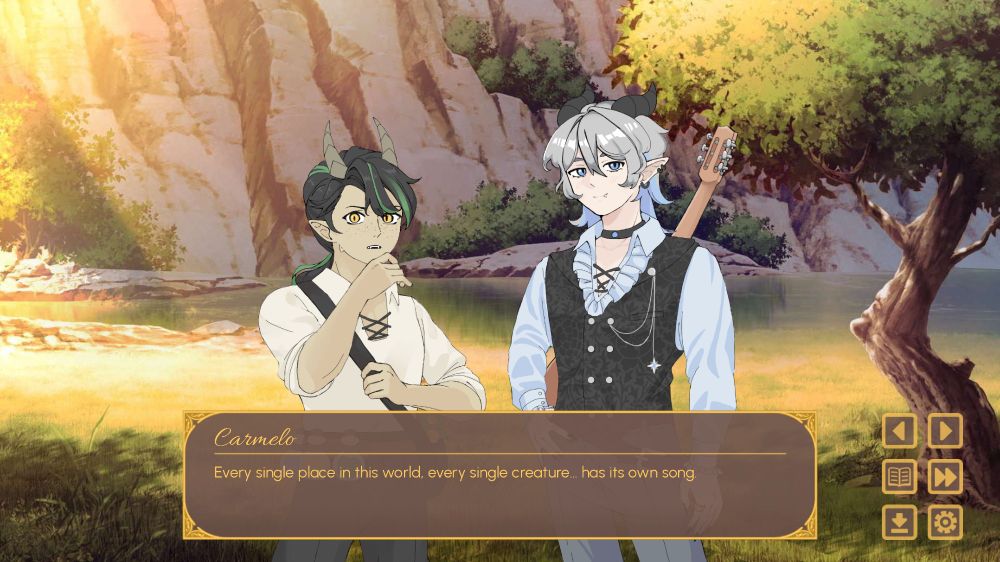 Vance and Carmelo—from my game "Azure Flame"—relaxing in the montane forest near Calida City. Carmelo mentions how every single place and creature in the world have their own song.