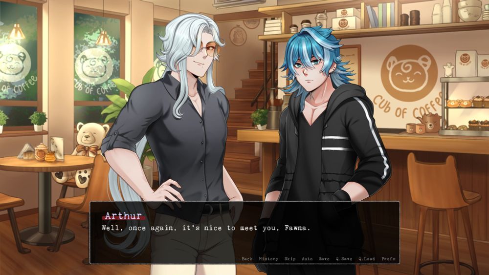 From my game Killer Trait: Arthur greeting Fawna once again. Oz is next to him. Arthur is aroace while Oz is graysexual.

Fawna, the MC, is demisexual.

This is from the final demo that will be released for Otome Jam 2025.