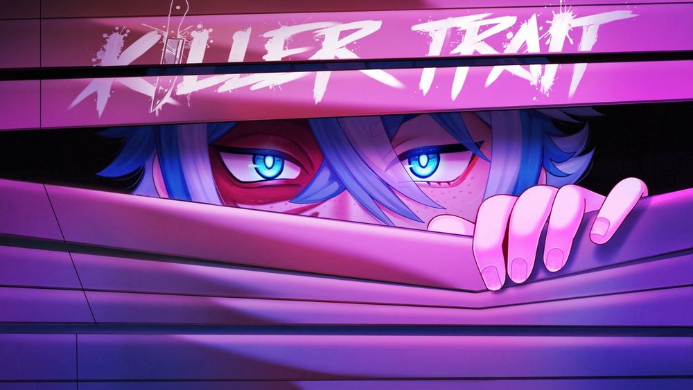 Killer Trait's game cover. It shows Oz peeking from behind window blinds (only his eyes and one of his hands are visible).