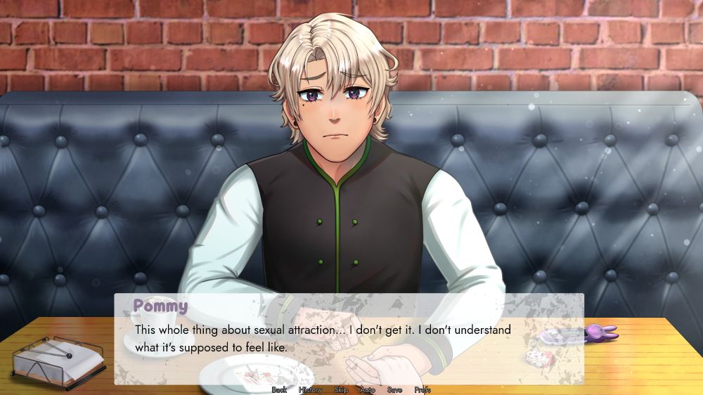From my game Petrichor: Pommy coming out to her boyfriend Paris as someone on the ace spectrum.
