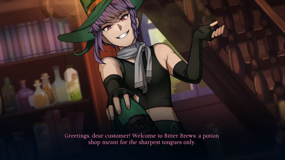 From my game Potion Pleasing: Parker, a nonbinary witch, greeting Rue, the protagonist and welcoming her to their potion shop.

Parker and Rue are both asexual.