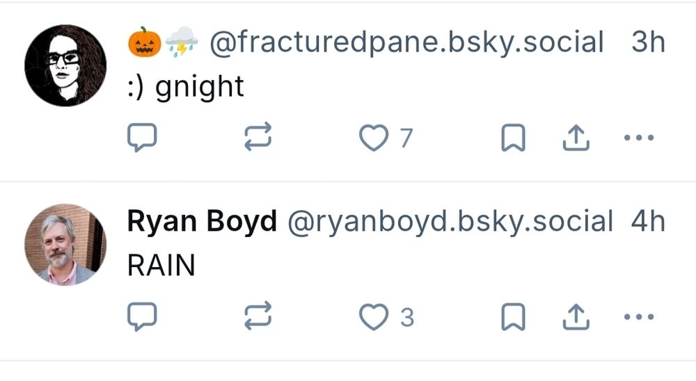 My TL showing a post from Rain that says ":) gnight" followed by a post from another person that says RAIN in all caps