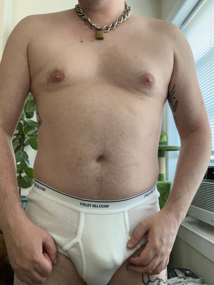 A close up of that same gay man’s white briefs and belly 